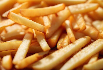 A close-up of a pile of French fries falling through the air