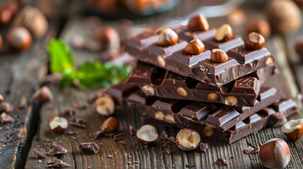 Fototapeta na wymiar Tasty chocolate with hazelnuts on wooden background