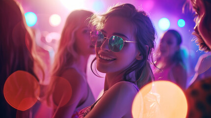 Dance party group people dancing. Women and men have fun in night club. Rest after hard day at work. Back light on girls hair.
