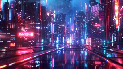 Obraz premium This 3D rendering portrays a futuristic cyberpunk city illuminated by vibrant neon lights, reflected in the wet pavement below. Glowing buildings and sleek urban design create a captivating scene, cap