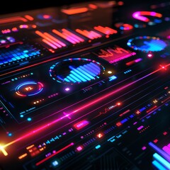Obraz premium A futuristic interface displaying data visualizations with vibrant neon glows and colorful graphs. This abstract design represents advanced technology, data analysis, and digital innovation. Ideal for