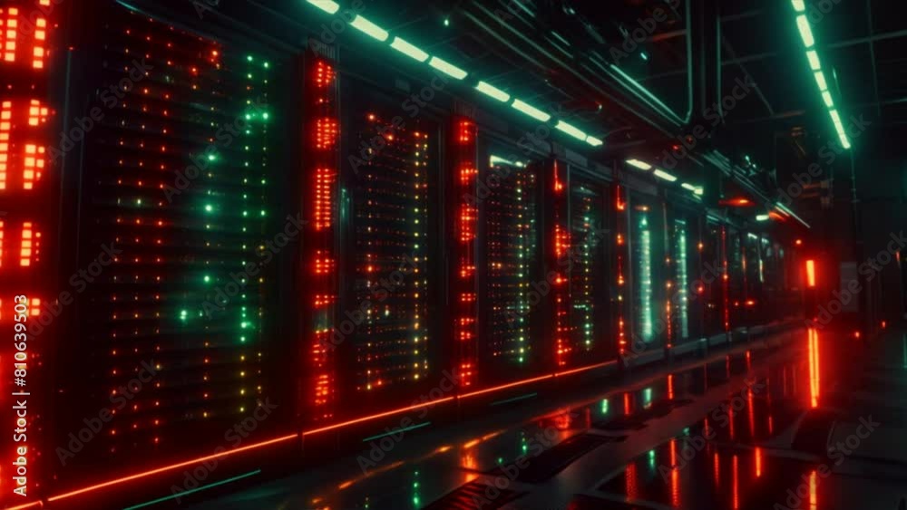 Poster internet concept data background,corridor in working data center full of rack servers and supercompu