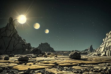 This 3D rendering depicts a desolate alien planet landscape. The barren, rocky terrain is illuminated by a bright sun and three moons hanging in a starry sky. A scene of stark beauty and solitude in a