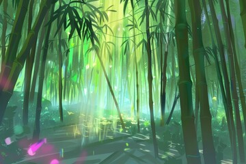 Sunlight filters through tall bamboo stalks in this enchanting digital painting. The tranquil scene features green hues, mist, and reflections, creating an ethereal atmosphere.
