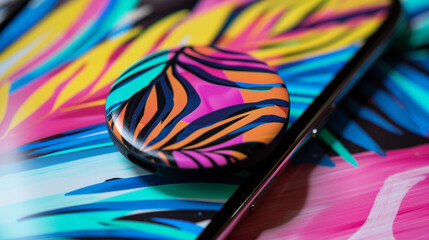 Colorful PopSocket grip attached to the back of a smartphone, providing a secure and comfortable hold for texting, browsing, and taking photos, with a stylish patterned design. - Powered by Adobe