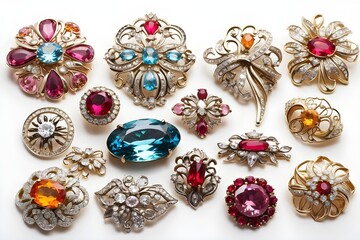 Fototapeta premium Collection of colorful vintage rhinestone brooches, on white, horizontal aspect 