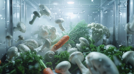 Green vegetables and mushrooms and carrots in one direction towards the centre of a refrigerator.