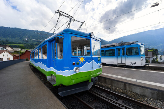 Attractive Rigi bahn electric cable tram, Goldau - Rigi Kulm cogwheel railway, for stunning scenic view of Mt. Rigi in Switzerland, wide angle photography
