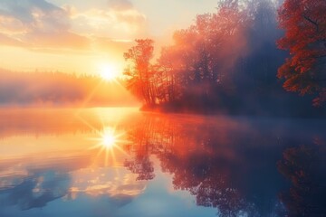  A vibrant sunrise paints the sky with fiery hues, casting a golden reflection on the tranquil lake. Silhouetted trees and a soft mist create a magical and serene atmosphere.
