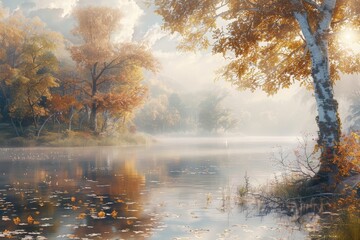 Fototapeta premium A tranquil lake reflects the golden hues of autumn foliage in this serene landscape. Mist rises as the sun peeks through the trees, creating a peaceful and atmospheric scene.
