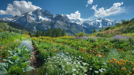 Breathtaking Alpine Vegetable Garden Nestled in Picturesque Snow Capped Mountain Valley
