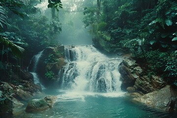 A picturesque waterfall cascades into a turquoise pool amidst a lush tropical jungle. Tranquil scenery capturing the beauty and serenity of a hidden paradise.
