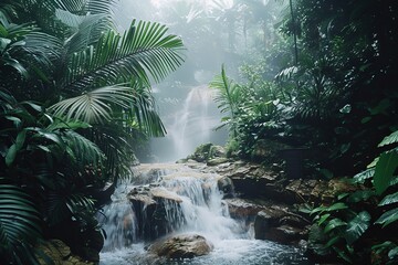 A misty waterfall cascades through lush greenery in a tropical jungle. Exotic scenery with a serene atmosphere, capturing the beauty of nature's paradise.
