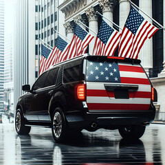 American flag on the car with white background.