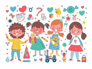 A cheerful illustration set with happy girls, toys, and playful elements, representing the joy of childhood, friendship, and imagination.