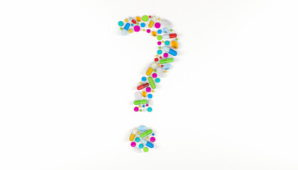 3d render of many colorful medicines and pills in the shape of a question mark on a white background - health care concept.