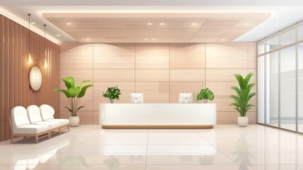 A modern office lobby interior with a white reception desk, comfortable waiting area, and elegant design featuring wood paneling and natural light.