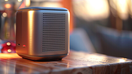 Compact Bluetooth speaker with sleek metallic finish, featuring built-in microphone for hands-free...