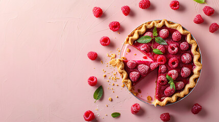 Fototapeta na wymiar Tasty cut raspberry pie on color background with space