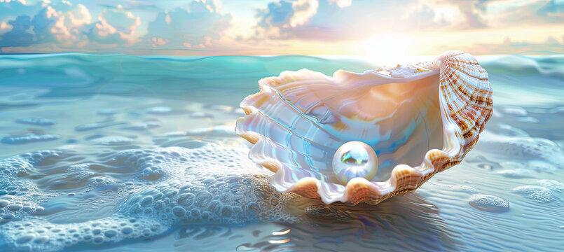 Pearl in a shell shines bright, ocean background