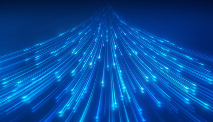 Illustation of glowing neon lines in blue on reflecting floor - abstract background.