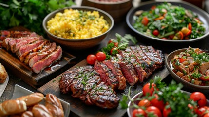An assortment of grilled meats, with slices of steak highlighted in the foreground, surrounded by a variety of side dishes