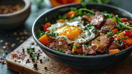A close-up of a breakfast bowl with a runny fried egg, crispy bacon, and fresh vegetable garnishes on a wooden table