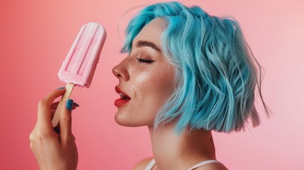 a young woman with blue hair eating a pink popsicle