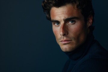 Obraz premium Handsome man with dark curly hair and intense gaze, wearing a navy sweater on a dark background, perfect for fashion and lifestyle themes.