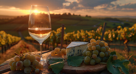 froze wine glass with white and red, cheese plate on wooden board in vineyard at sunset, grapes and...