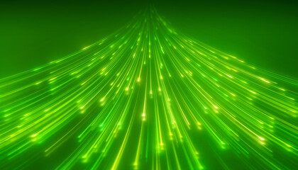 Illustation of glowing neon lines in green on reflecting floor - abstract background.