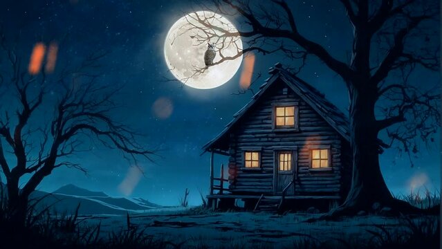 illustration halloween owl full moon house in night forest