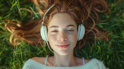 Tranquil young woman enjoys music on headphones in green outdoor setting