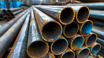 Assorted Steel Pipes for Construction Projects. Concept Steel Pipes, Construction, Industrial Supplies, Building Materials, Metal Products