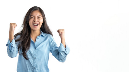 Malay Business Woman in blue shirt has good news, smile and raised hands