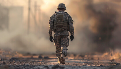 Silhouettes of soldiers saluting on background of sunset or sunrise and USA flag. Greeting card for Veterans Day, Memorial Day, Independence Day