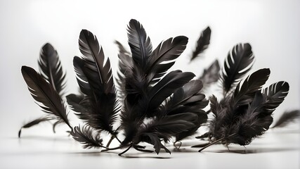 black feathers flying on a white background,