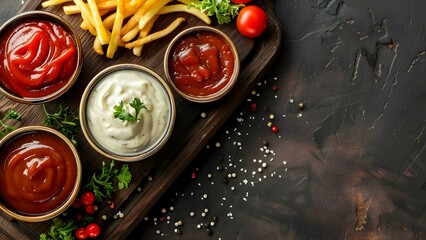 Fast Food Sauces Arranged on Wooden Table for National Fast Food Day. Concept National Fast Food Day, Sauces Display, Wooden Table Setting, Food Photography