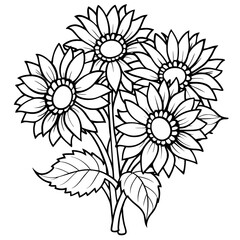 Sunflower flower outline illustration coloring book page design, 
Sunflower flower black and white line art drawing coloring book pages for children and adults