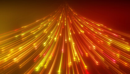 Illustation of glowing neon lines in red and yellow on reflecting floor - abstract background.