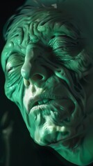 A twisted, contorted face bathed in a sickly green light, super realistic