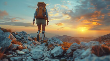A Young adult with prosthetic leg climbing a rocky hill at sunset. Overcoming challenges of people with disabilities consept.