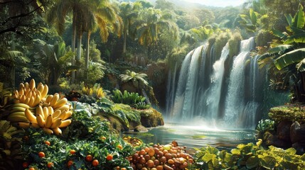 Lush Tropical Rainforest Waterfall Oasis with Cascading Streams and Exotic Vegetation - obrazy, fototapety, plakaty