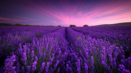 A vibrant lavender field under a twilight sky, the purple hues blending seamlessly from the flowers...