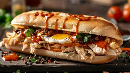 Delicious Chicken Sub with Fried Egg, Veggies, and Spicy Sauce in a Cozy Setting. Concept Chicken Sub Recipe, Fried Egg, Veggies, Spicy Sauce, Comfort Food