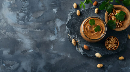 Tasty peanut butter in jar and fresh nuts on grey background