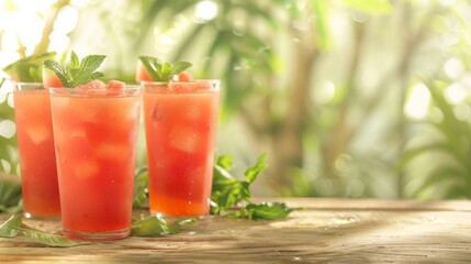 Summer refreshment concept with bright watermelon cocktails and fresh slices, perfect for seasonal beverage promotions.