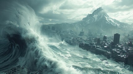 A huge tsunami hits the city. The concept of natural dangers
