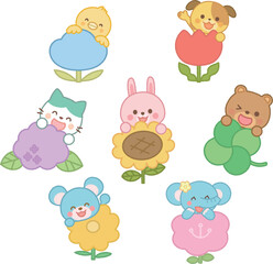 花と可愛い動物のキャラクター
