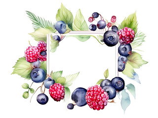 Colorful frame of colorful summer berries, blueberries and red raspberries scattered throughout the frame with various shapes of green leaves. on a white background